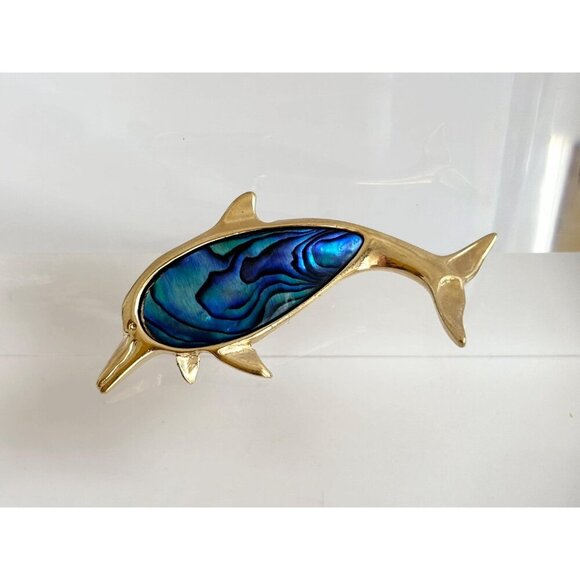 Dolphin Figural Faux Blue Abalone Gold Toned 90's Vintage Lapel Brooch Pin - Picture 3 of 10